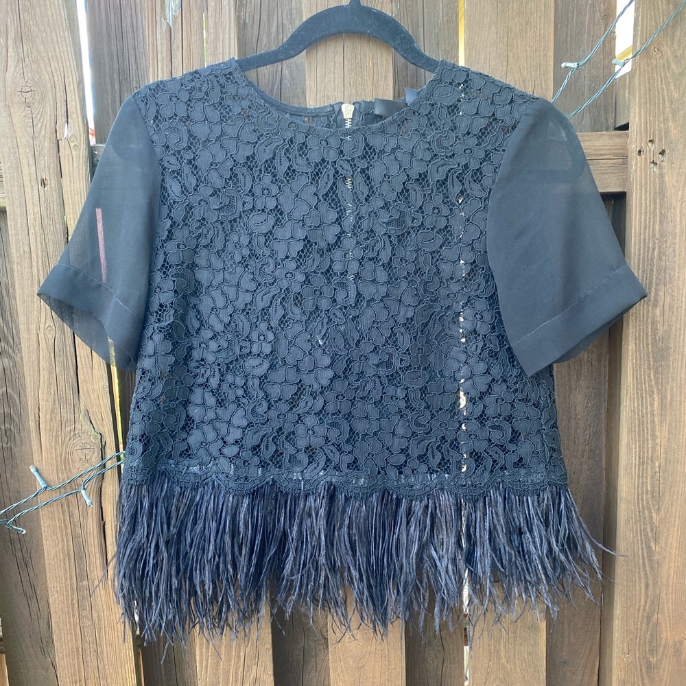 Topshop petite black lace feather trim top Sz 6
